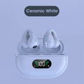 Clip-on bone conduction Bluetooth wireless headset in black, white, and khaki colour options.