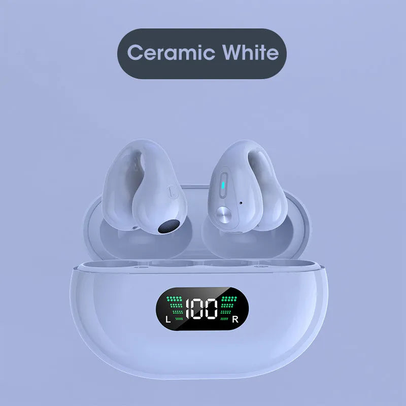 Clip-on bone conduction Bluetooth wireless headset in black, white, and khaki colour options.