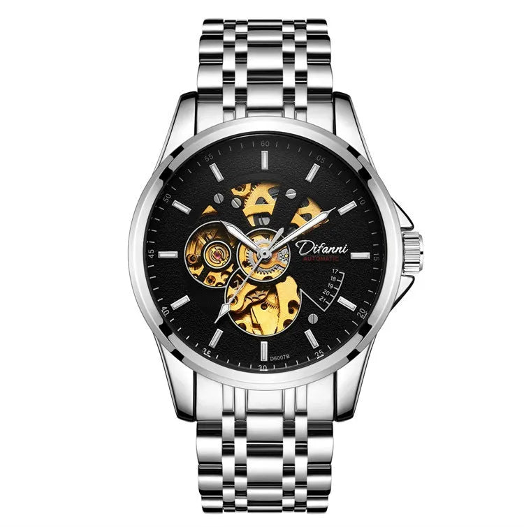 42mm automatic mechanical watch with stainless steel strap, butterfly buckle, round dial, and transparent case bottom