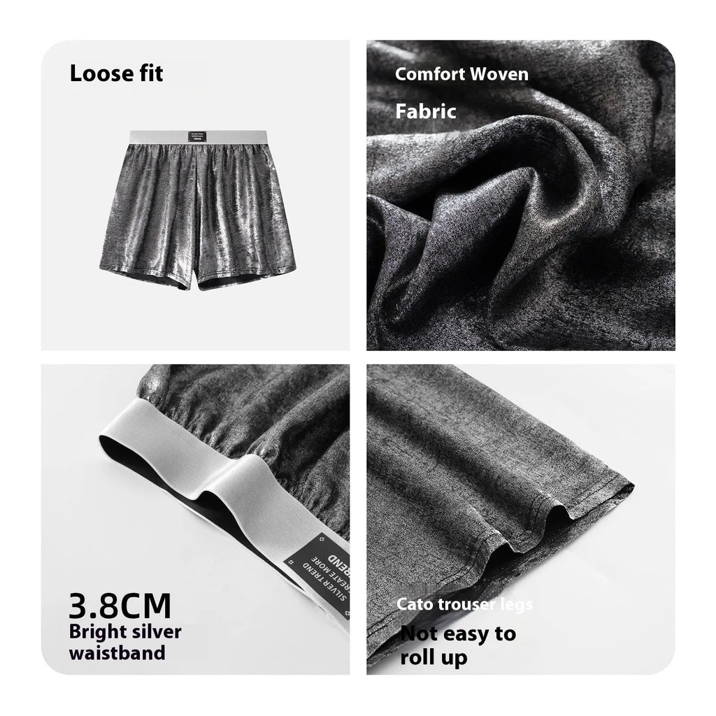 Men's bright silver woven underwear with reflective galaxy pattern showing loose fit mid-waist design
