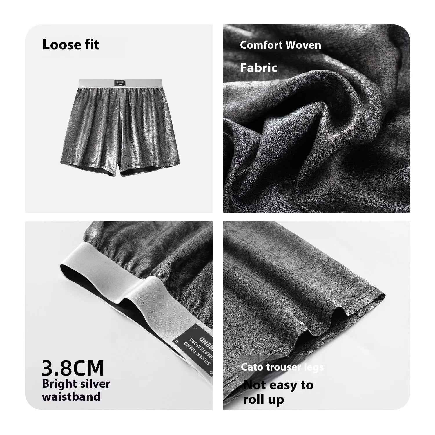 Men's bright silver woven underwear with reflective galaxy pattern showing loose fit mid-waist design