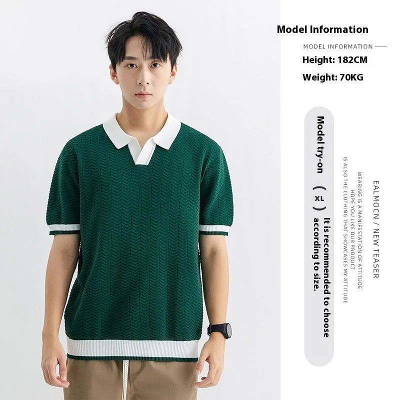 Men's summer Ice Silk striped polo shirt with short sleeves in dark green, regular fit, on white background