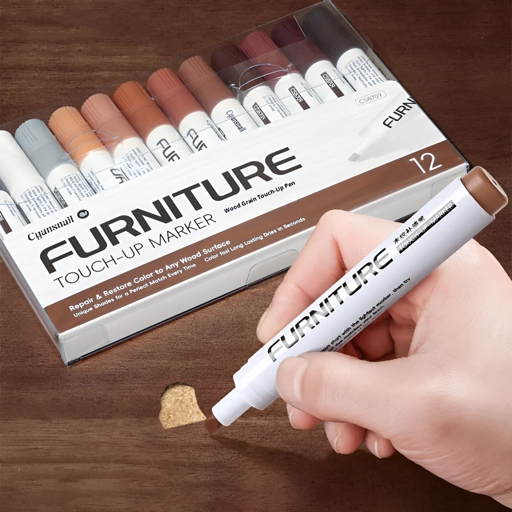 5ml wood grain paint fixer pen for floor scratch repair, shown with twelve colour options including oak and walnut