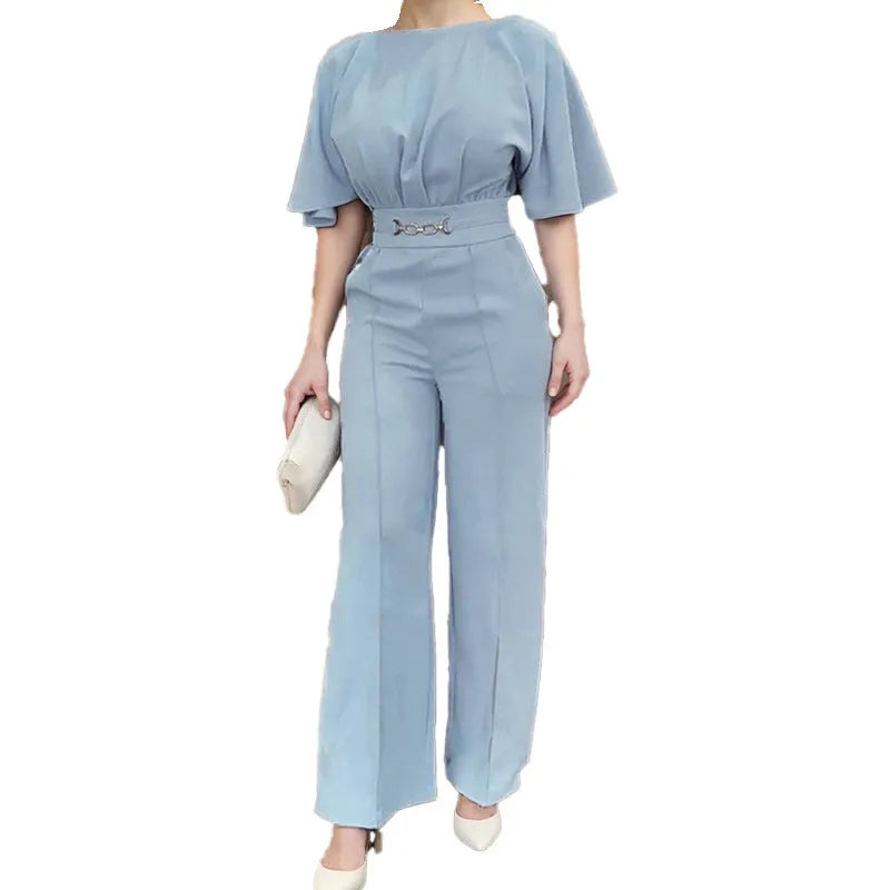 Blue polyester suit jacket and trousers set for men in business casual style