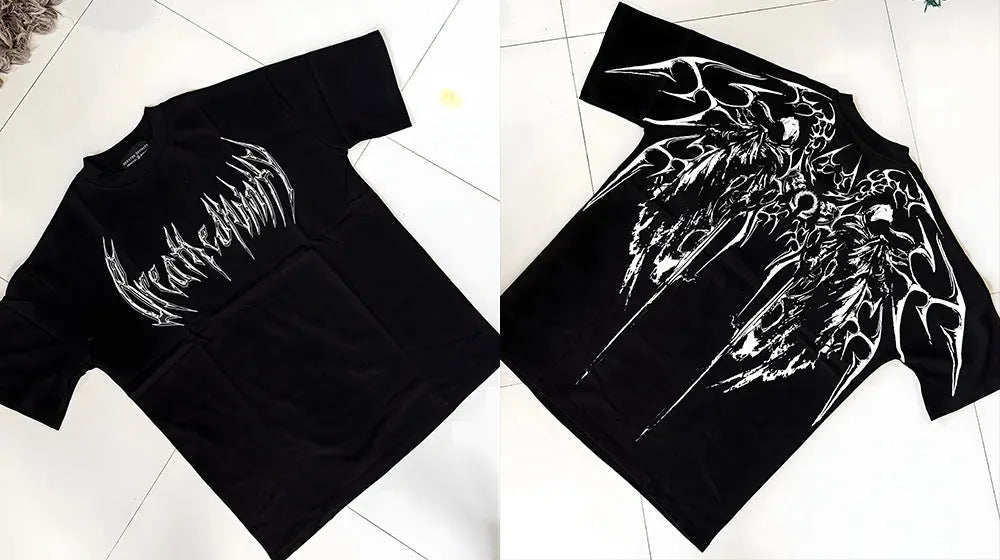 Dark style plus size cotton short sleeve T-shirt with gilding craft detail on a mannequin.