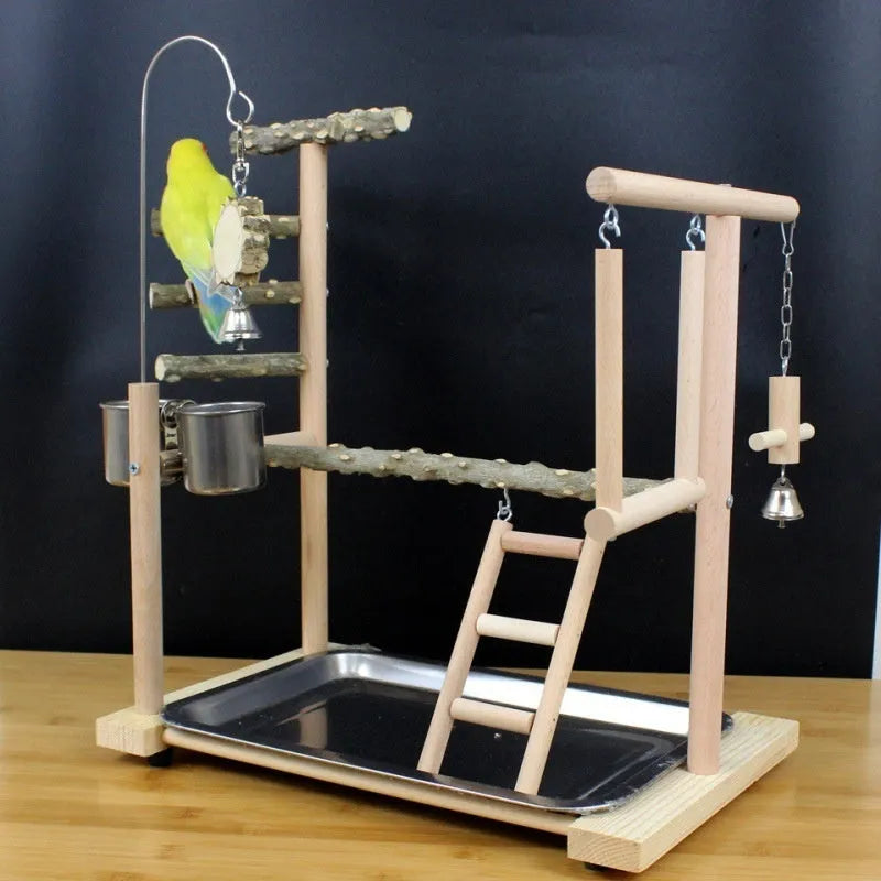 Natural Pepper Wood parrot toy bundle with two flat perching stands and a vertical climbing pole for cage.