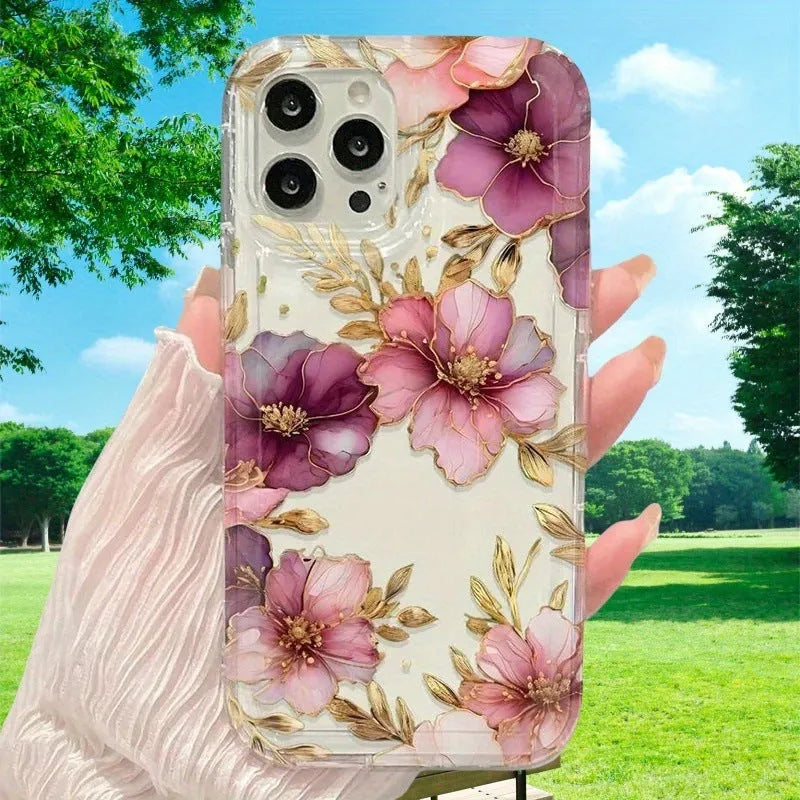 Transparent frosted TPU air spring phone case for Apple 12 Pro Max with pink purple flowers print