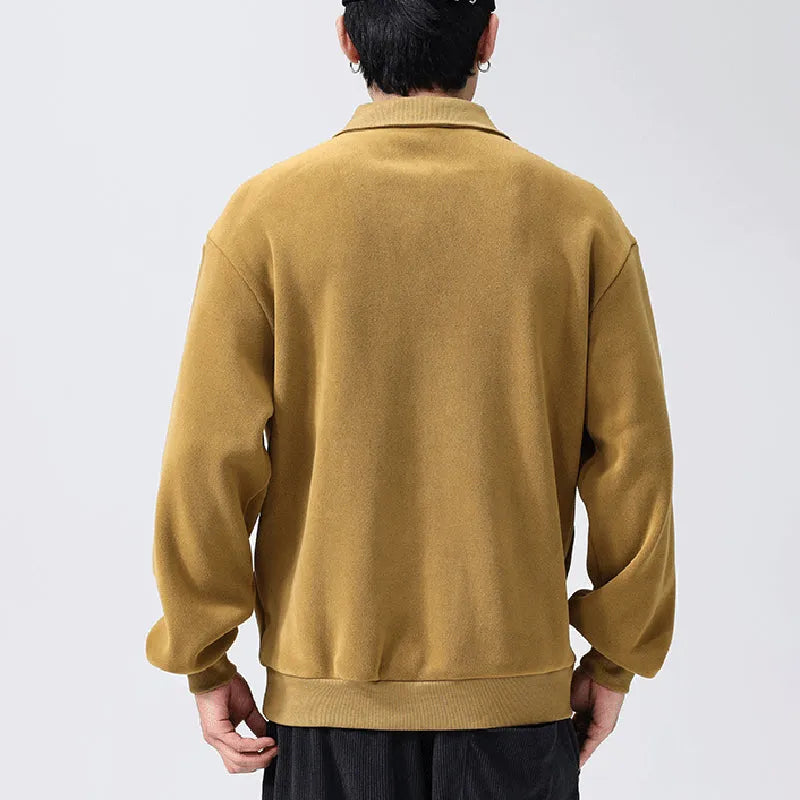Men's fleece half-zip lapel hoodie in black, long sleeves, polyester cotton blend, winter warm top