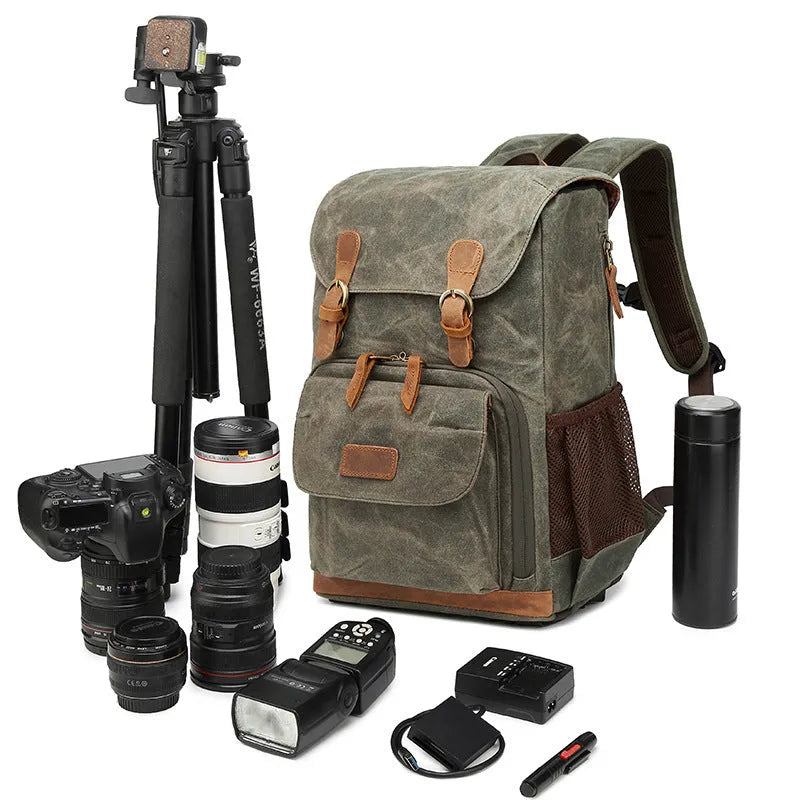 Canvas DSLR camera backpack in khaki colour with waterproof and anti-shock features