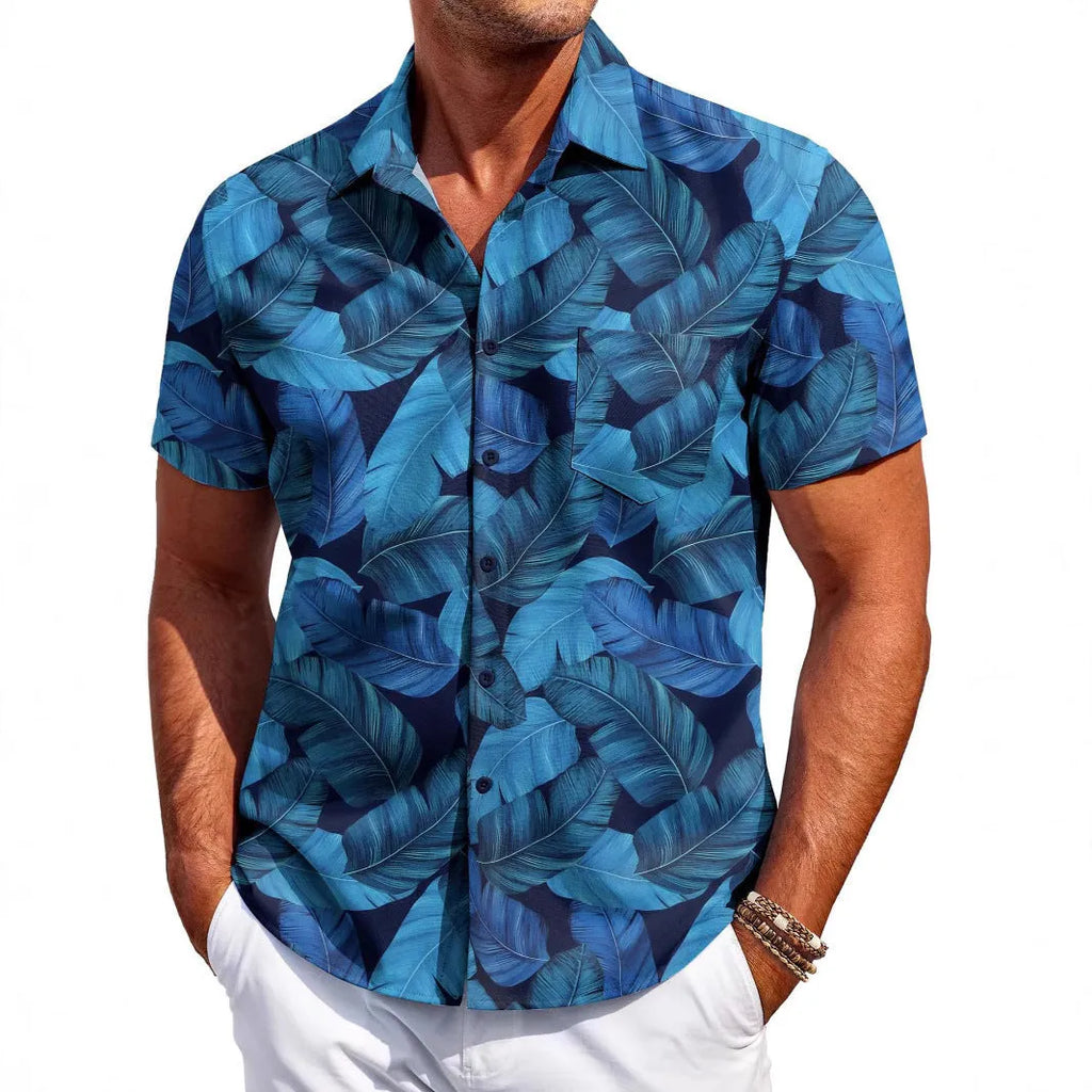 Man wearing a slim-fit short sleeve Hawaiian shirt in a cardigan style, available in various colours.