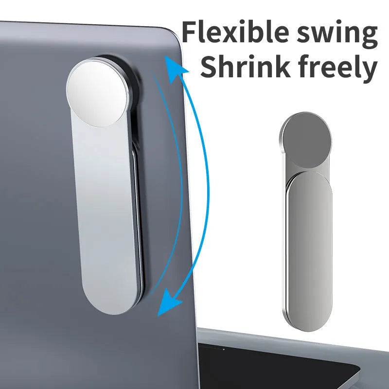Silver aluminium alloy magnetic mobile phone bracket on desk with laptop for dual screen use