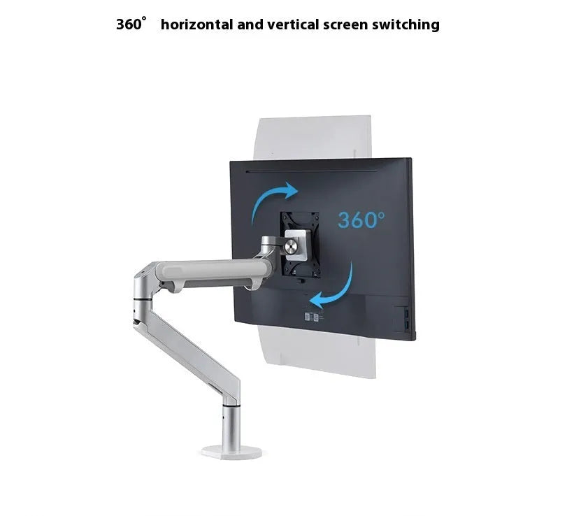Silver aluminium laptop stand with adjustable air pressure arm holding a notebook above desktop