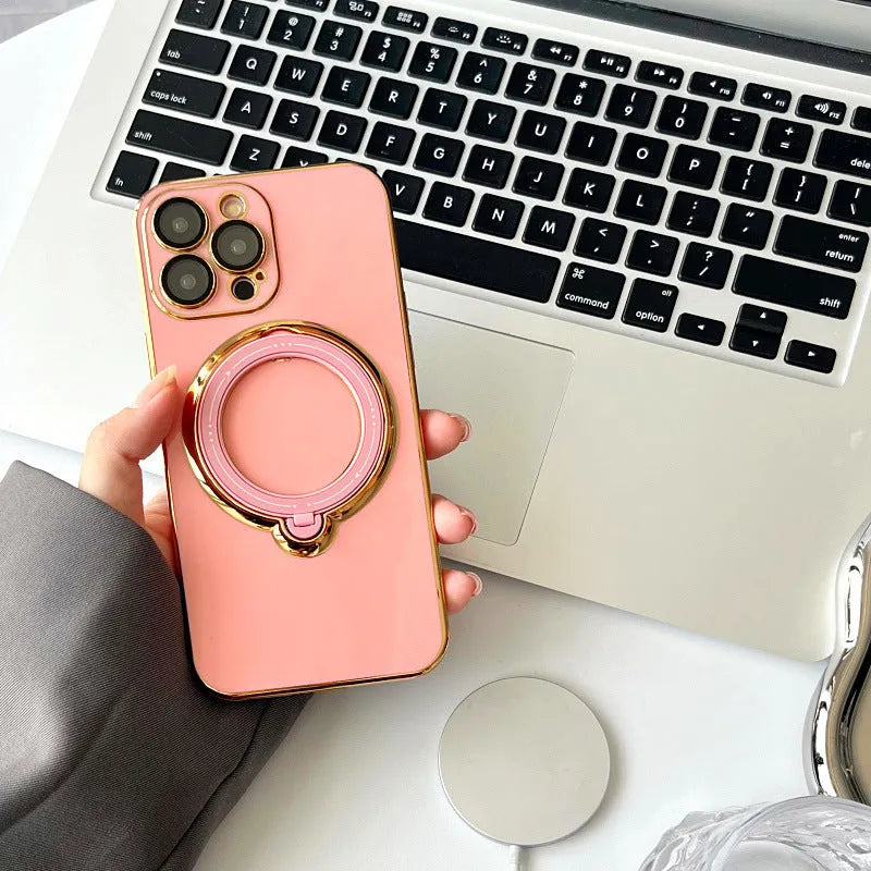 Magnetic suction rotating stand phone case for iPhone in electroplated finish, available in black, white, pink, dark purple, green, blue