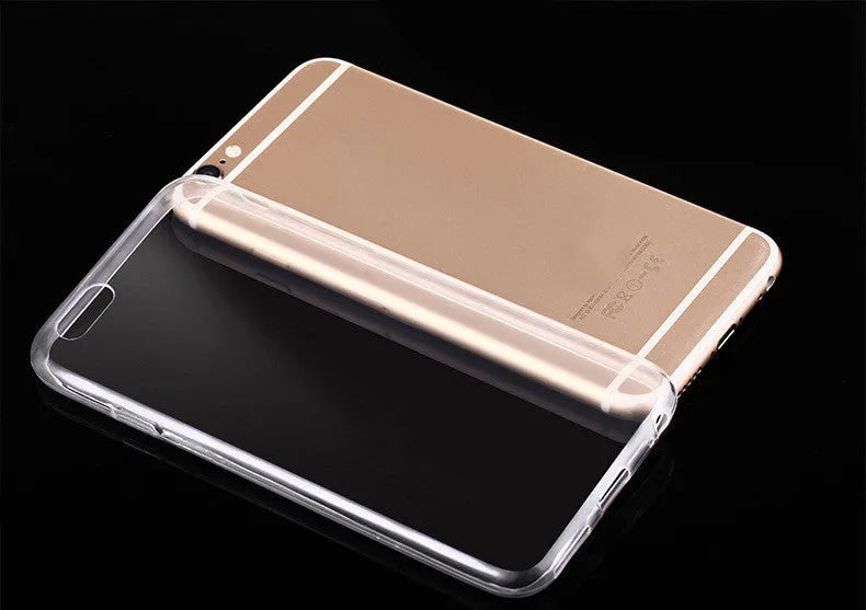 Transparent flexible TPU soft shell case on an iPhone, showing slim profile and full phone visibility.