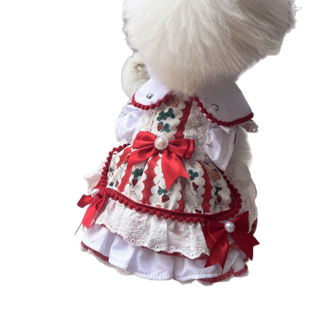 Rabbit design princess style polyester skirt for a small dog showing size guide.