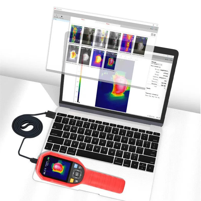 UTi series handheld infrared thermal imager with display screen shown alongside USB cable and storage bag.