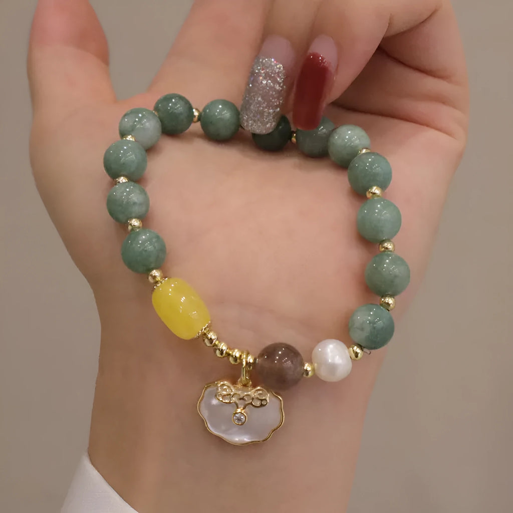 Green jade bracelet with shell motif for women, natural stone casual jewellery