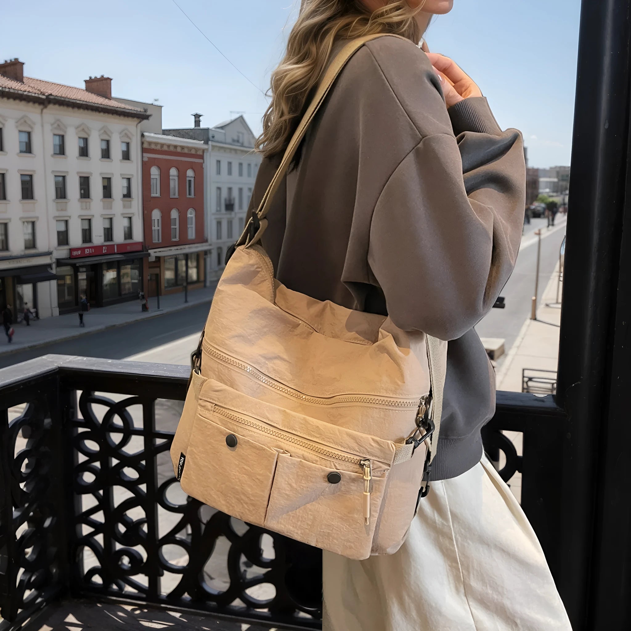 Women's nylon crossbody bag with adjustable strap and external pocket in khaki colour