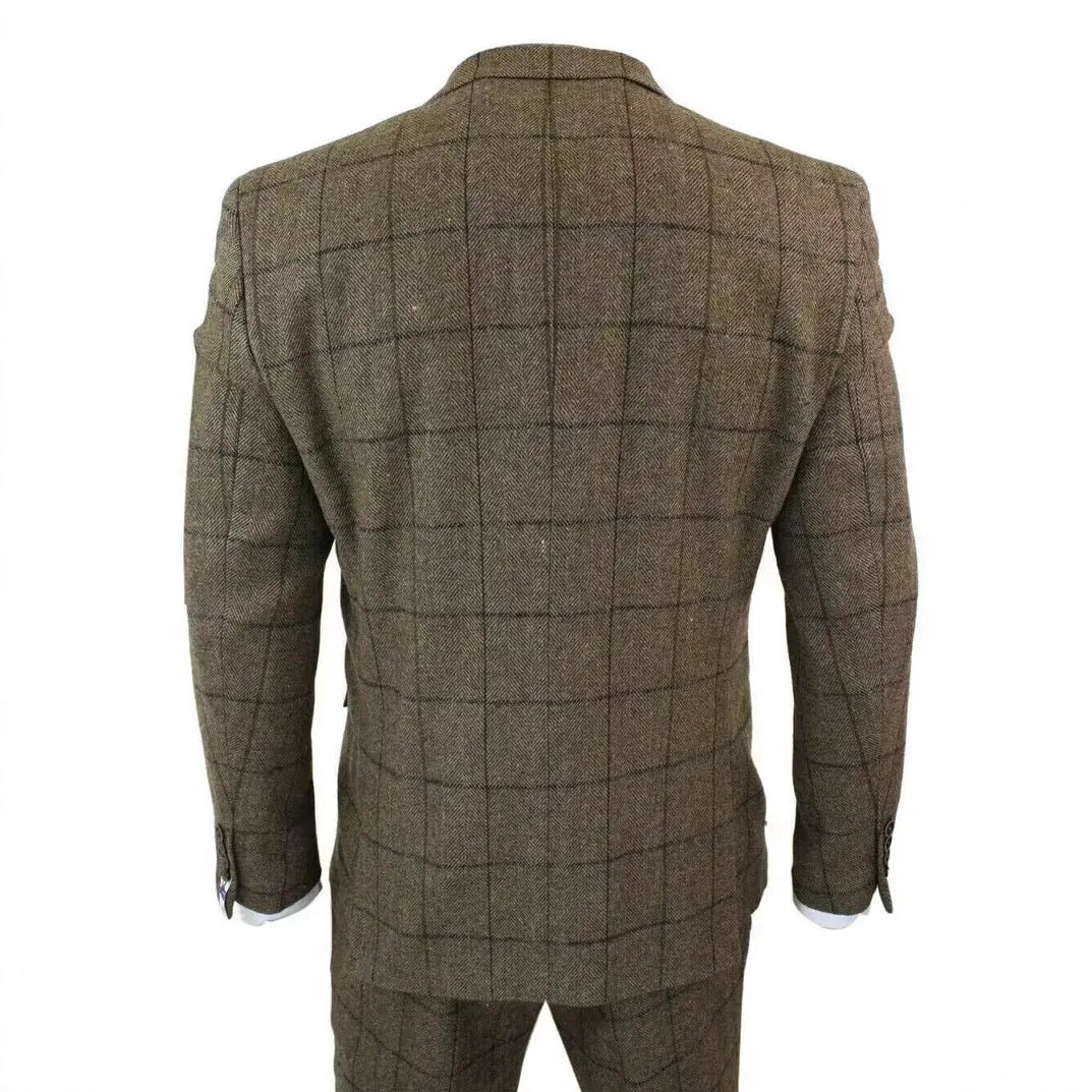 Brown plaid three-piece suit set with slim fit cotton blend coat, vest and pants, sizes XS to 6XL