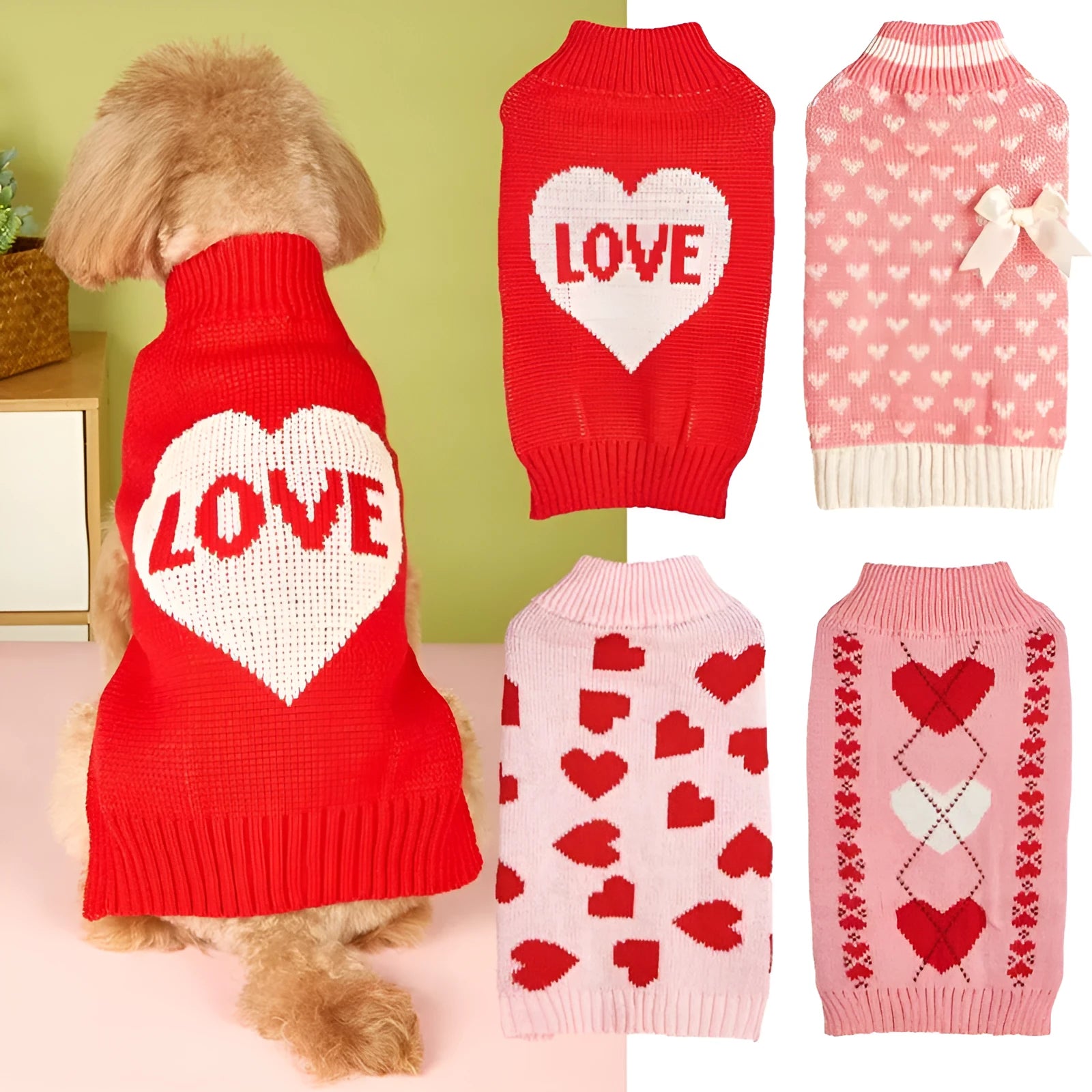Red knitted dog jumper with a white love heart and bow design on a small dog