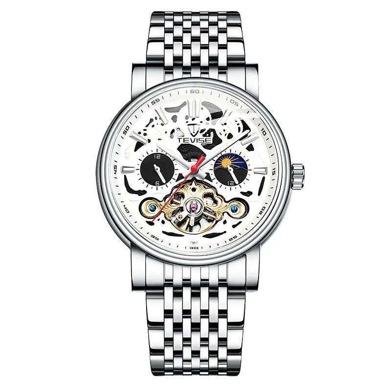 Men's mechanical tourbillon watch with luminous hands on leather strap