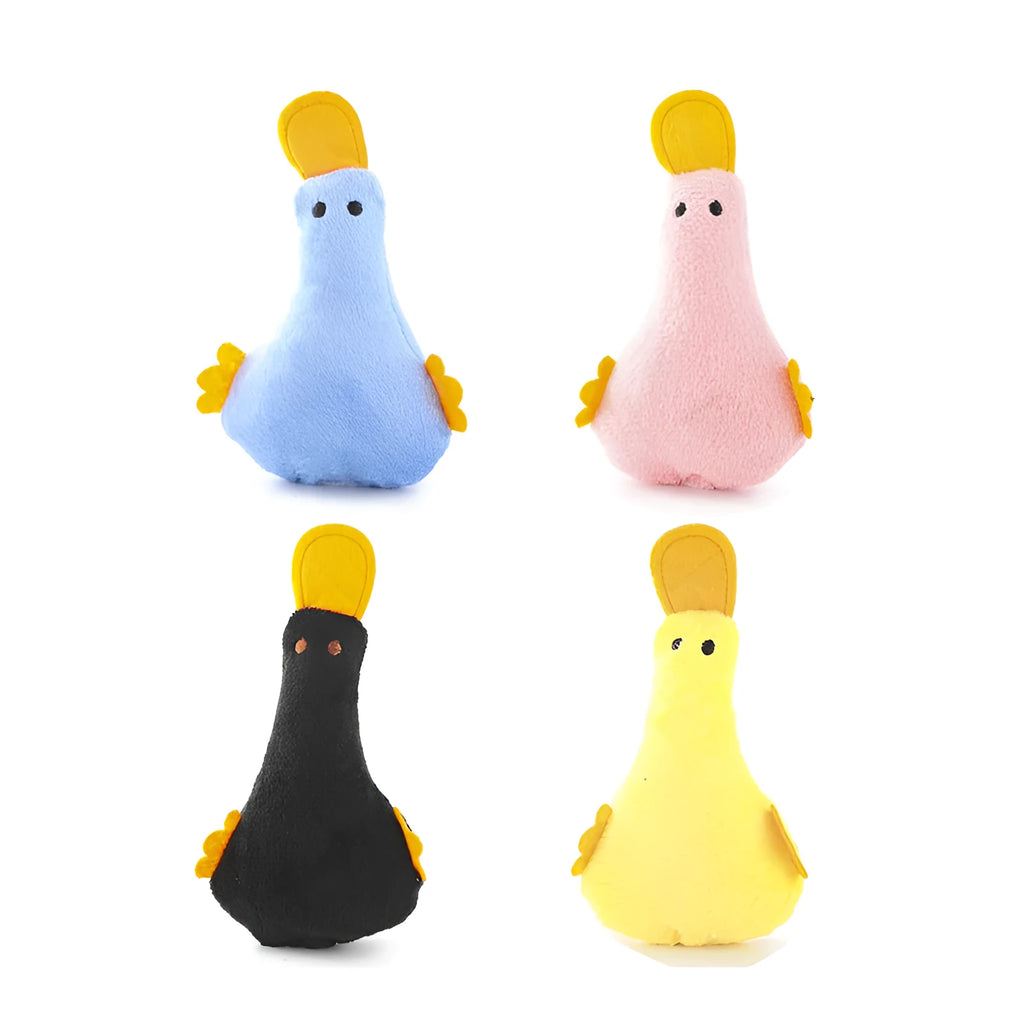 Duck-shaped plush pet toy with squeaker and catnip filling in various colours