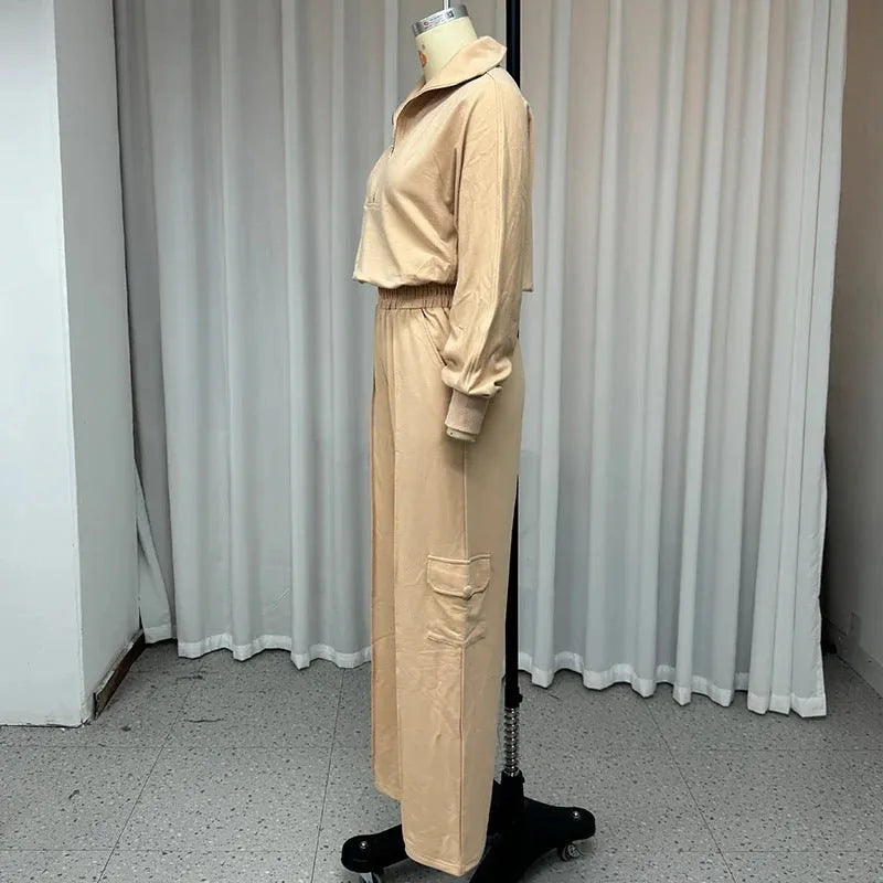 Women's light camel polyester lapel top and wide-leg trousers two-piece work set