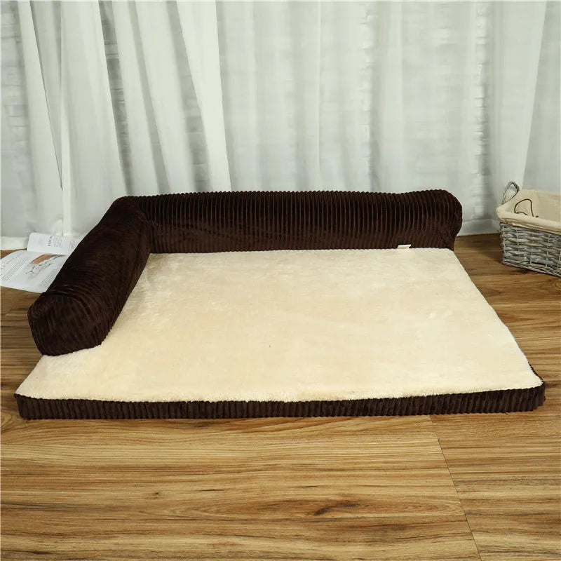 Corduroy pet sofa dog bed in grey with raised sides on a wooden floor