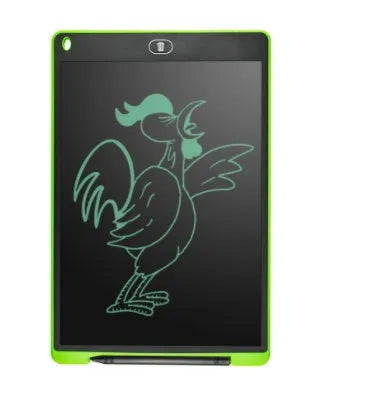 LCD drawing tablet in multiple colours and sizes with plastic stylus on screen.