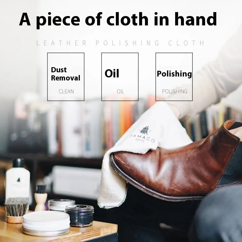 Cleaning and polishing cloth set with long 13x50cm cotton cloth, fine horse hair brush, and wooden handle brush in gift box