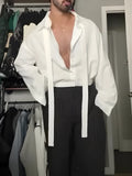 White oversized tie-front shirt with open collar, relaxed regular fit, plain polyester, S-3XL