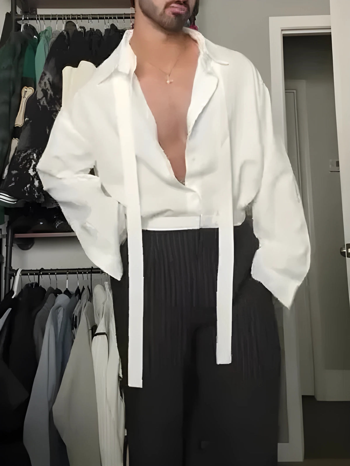 White oversized tie-front shirt with open collar, relaxed regular fit, plain polyester, S-3XL