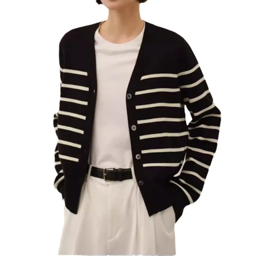 Classic preppy striped button-front cardigan for women, loose fit, short length 40cm, polyester, black colour, front view