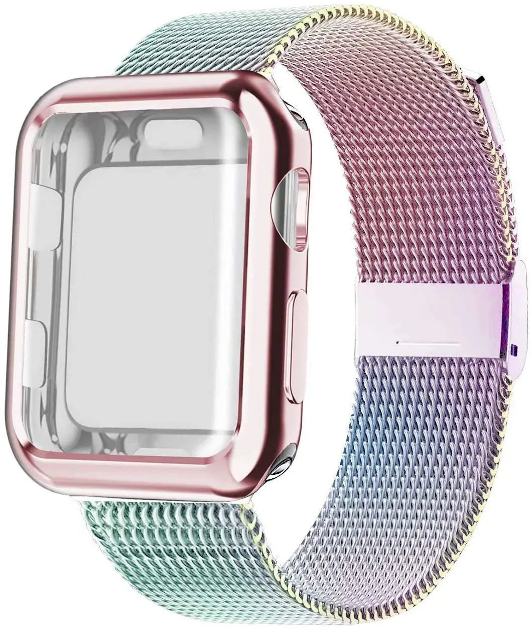 Silver magnetic Milanese loop metal band attached to an Apple Watch on a wrist.