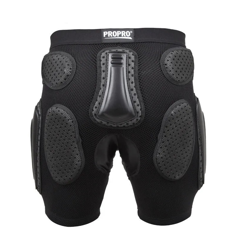 Black cycling hip protection pants showing adjustable sizing and hip padding for sports safety