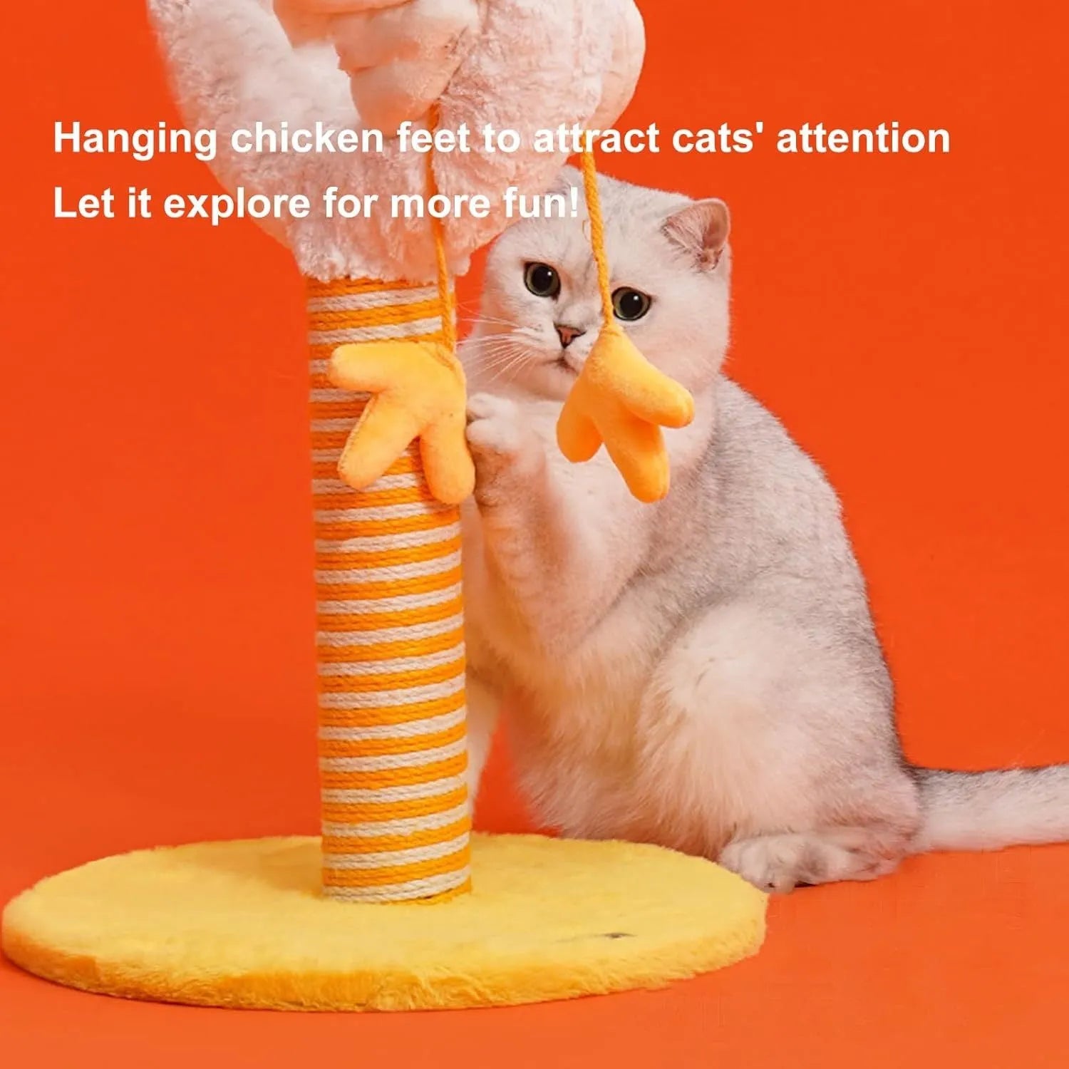 Yellow sisal cat scratching post with U-shaped design and spring ball toy