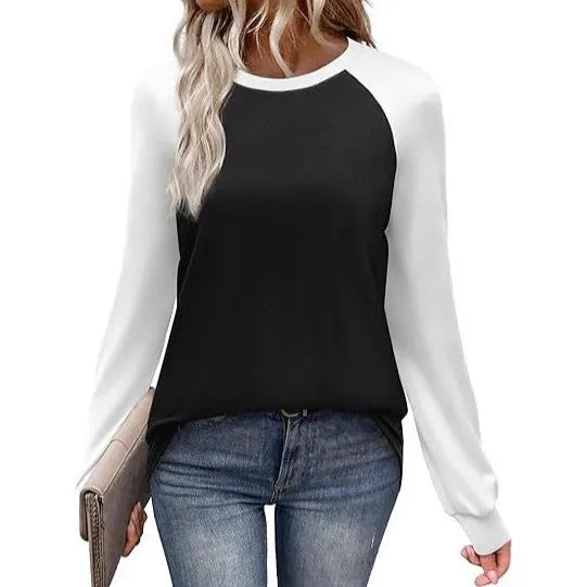 Long sleeve round neck polyester T-shirt in black, blue, grey, or pink.