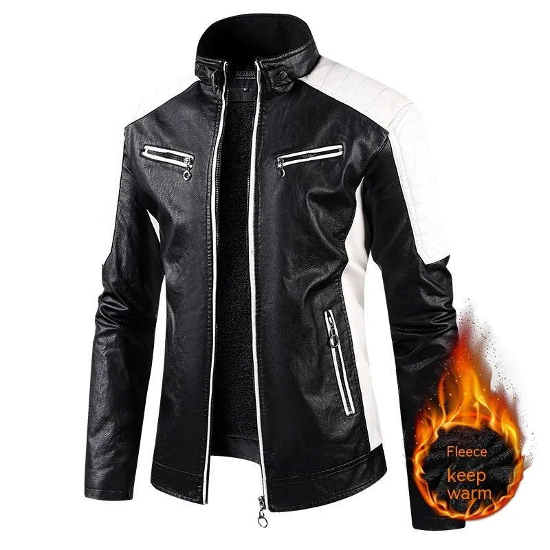 Men's PU leather coat with fleece lining, zipper pockets, retro straight hem, available in multiple colours