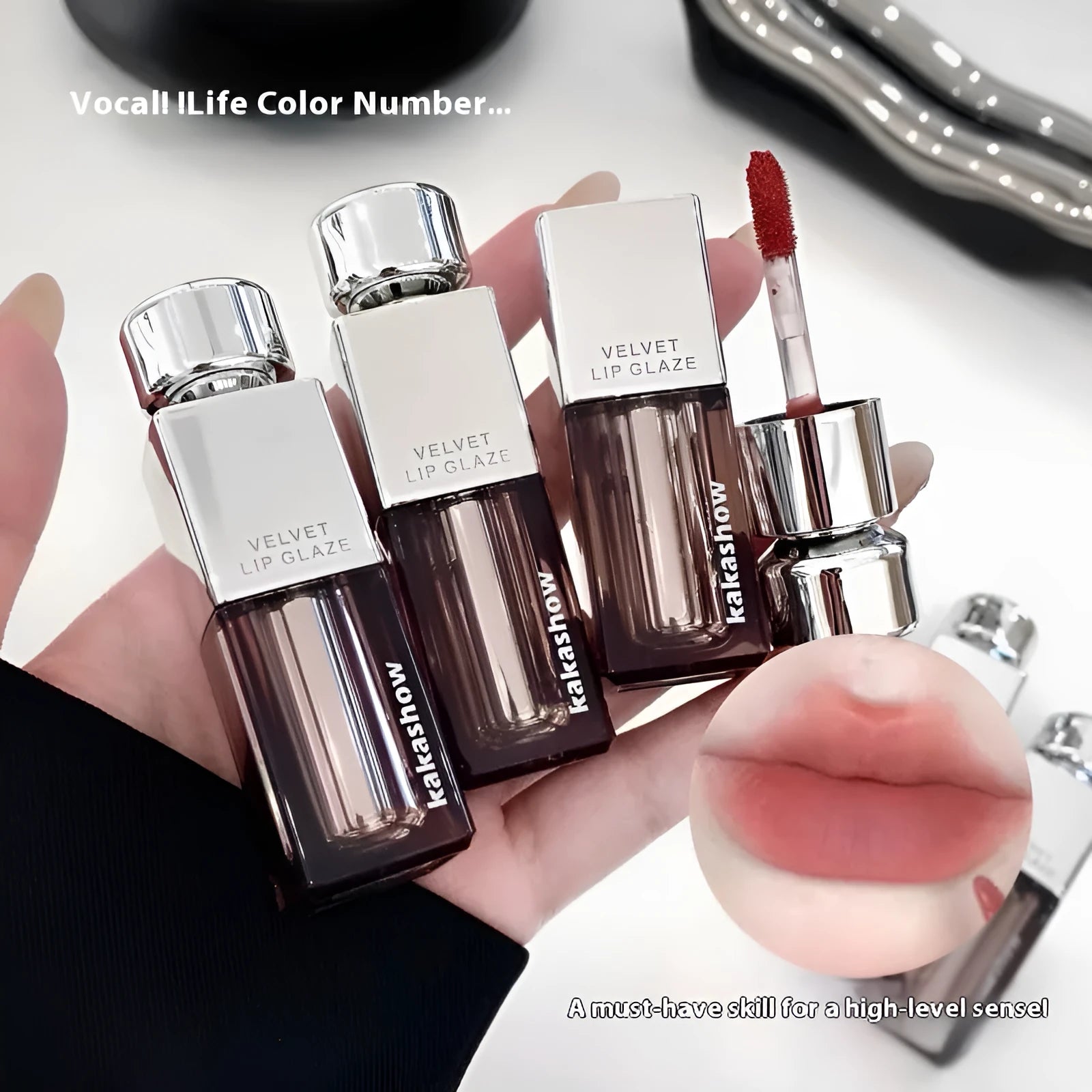 Matte soft mist lipstick in a case showing one of six shades including grey pink and oat brown.