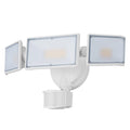 White or black SCU2203-PIR LED flood light with motion sensor for outdoor security mounting.