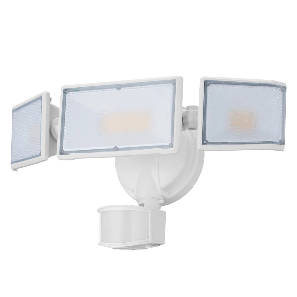 White or black SCU2203-PIR LED flood light with motion sensor for outdoor security mounting.