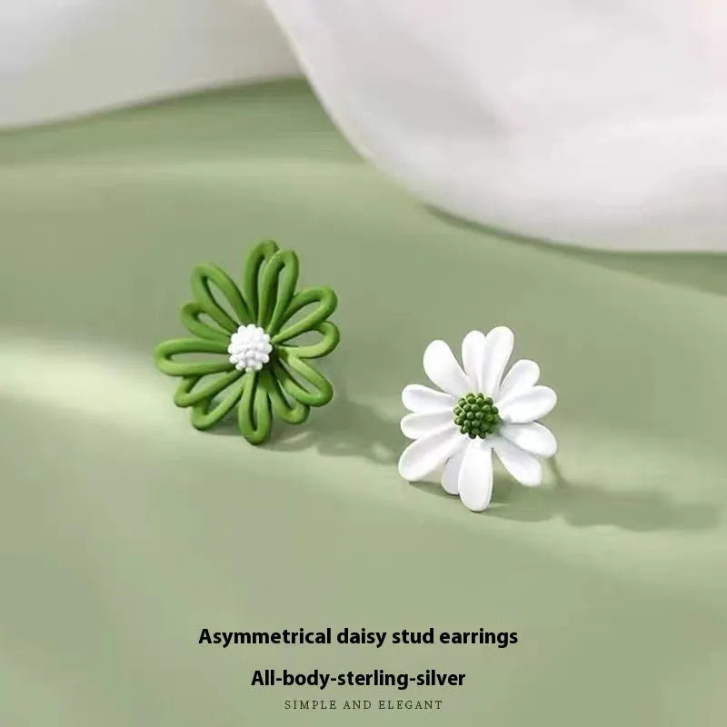 Cartoon flower earrings in alloy with blue and orange, white and green, or yellow and white two-tone colours