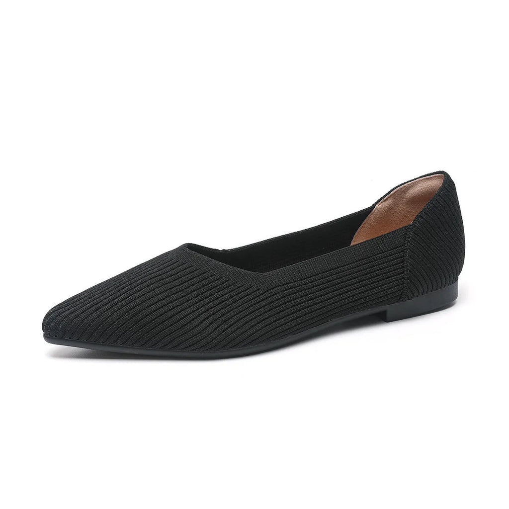 Women's apricot knit flat pump with pointed toe and rubber sole on a white background.