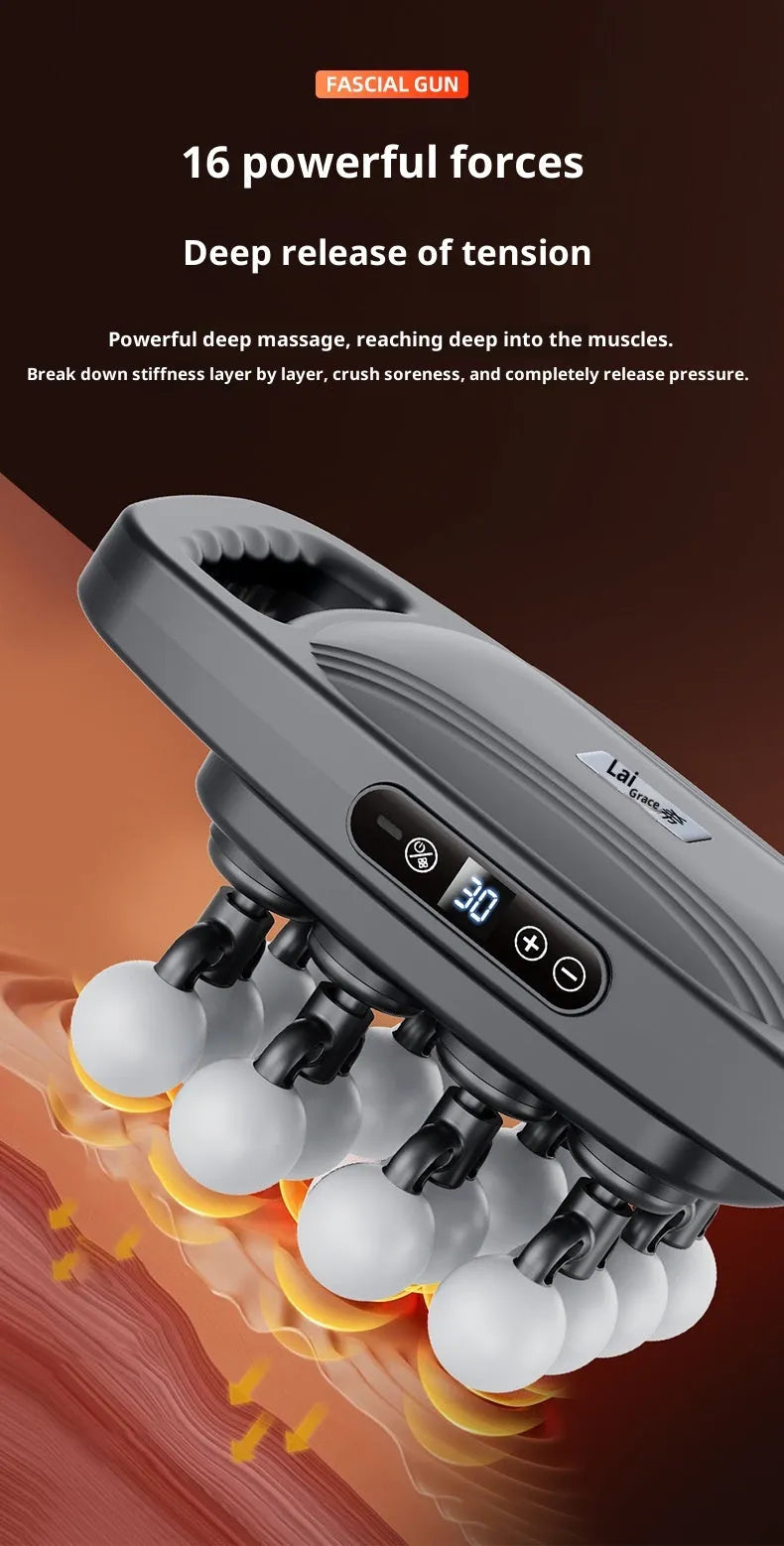 Grey professional-grade vibration massager with brushless motor and multi-gear adjustment, more than 5 gears, 46-70dB.