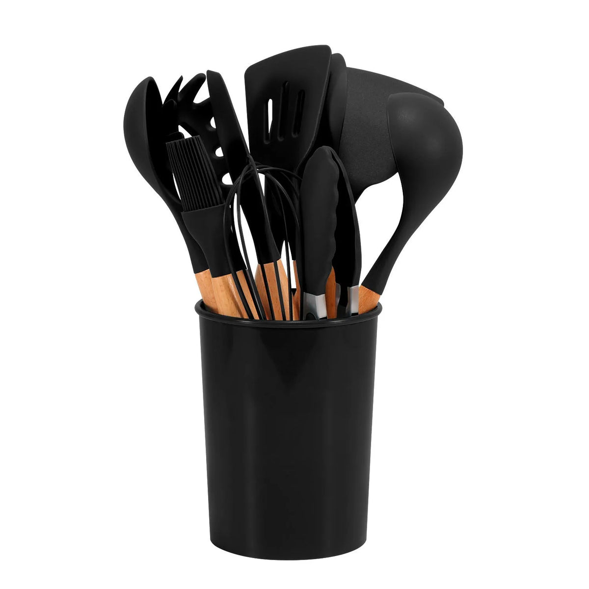 12-piece silicone kitchenware set with wooden handles in modern simplicity style, assorted colour box packaging