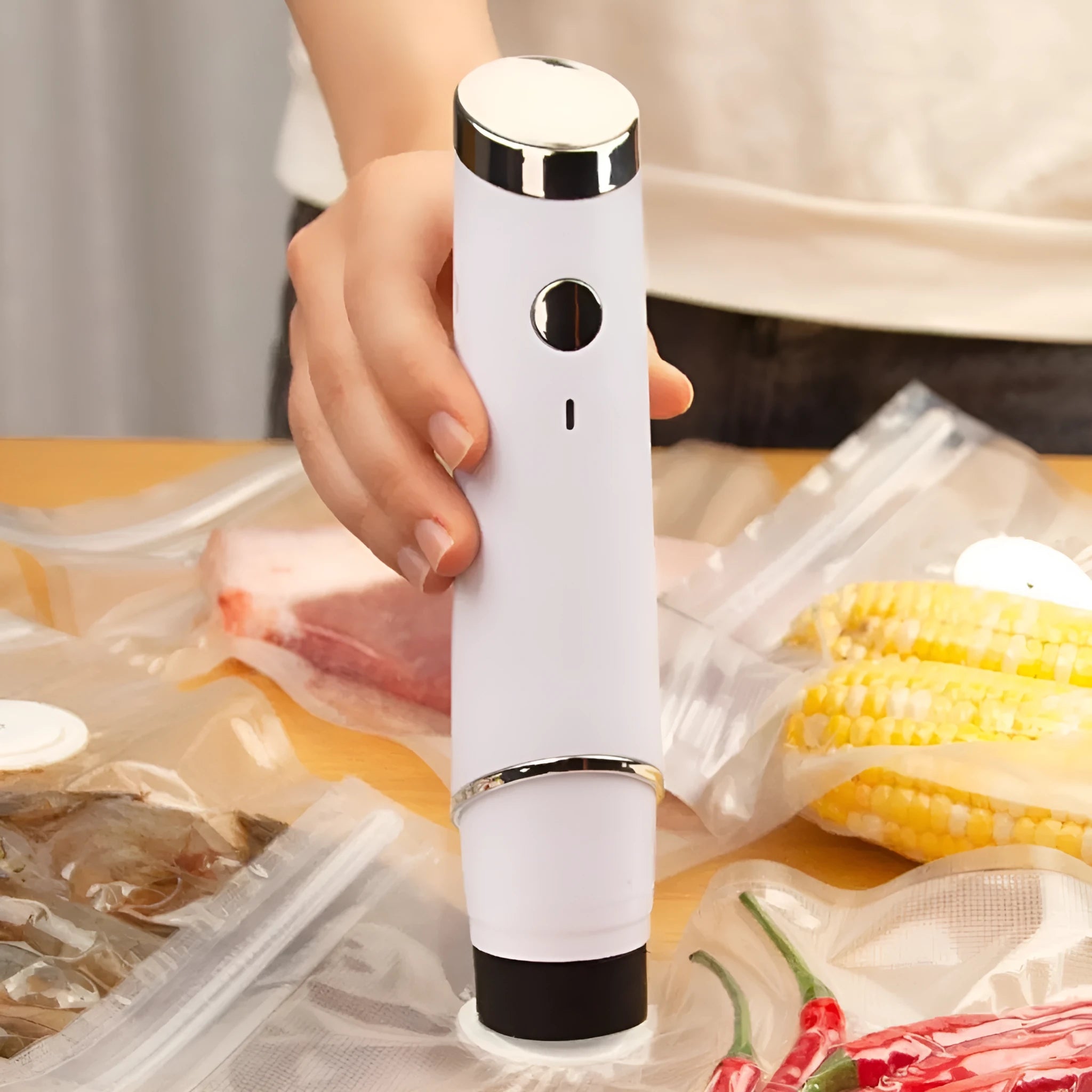White USB vacuum food sealer with five 26x28cm plastic storage bags