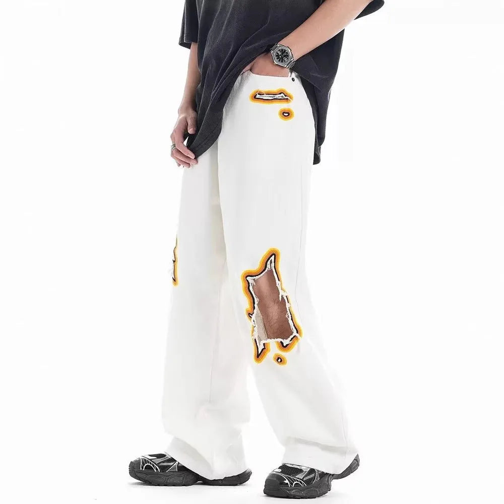 Retro washed ripped embroidery loose straight-leg trousers in white with zipper fly