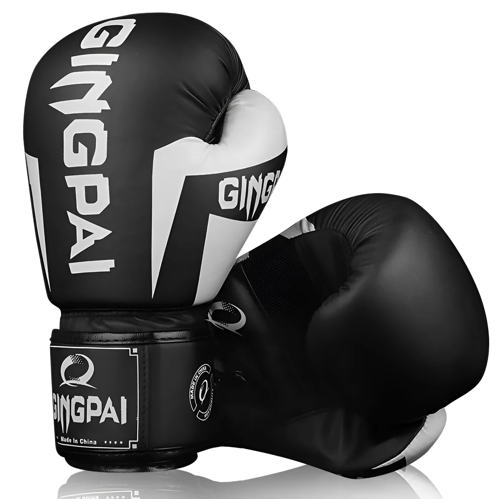 Pair of PU leather training boxing gloves in vertical style with white and black colour scheme