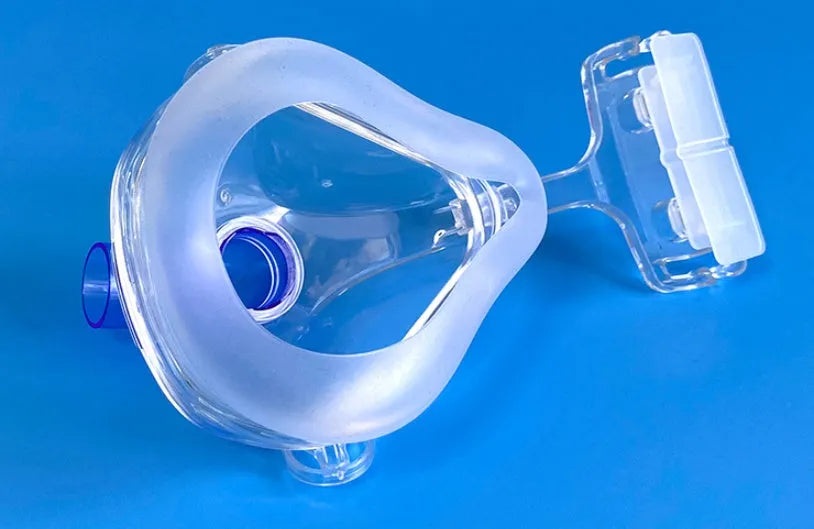 Transparent CPAP breathing mask set with headband and adapter elbows for ventilator connection