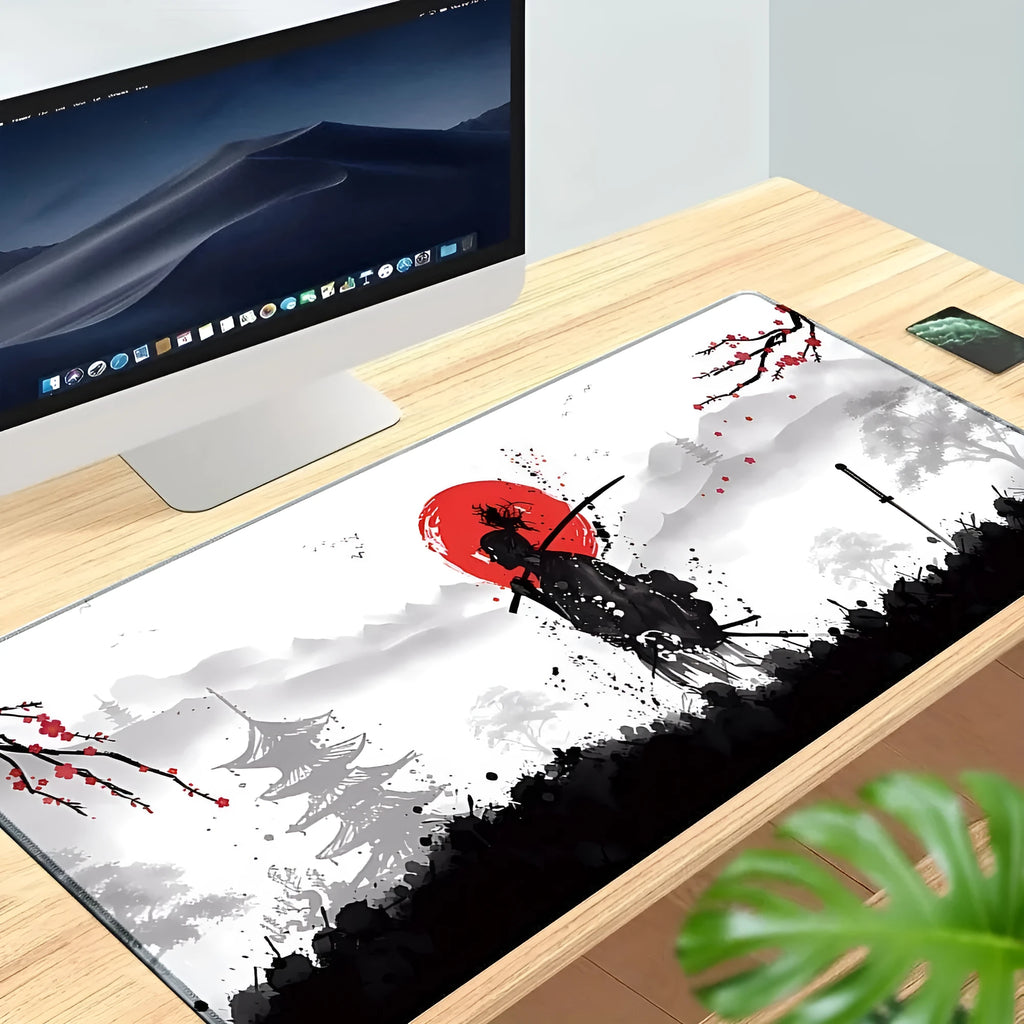 Japanese samurai design gaming mouse pad on desk with non-slip cloth surface